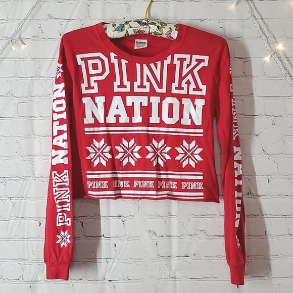 PINK Victoria's Secret Tops - 2017 Victoria's Secret PINK Red Holiday Long Sleeve Snowflake Crop Top Tee Sz XS